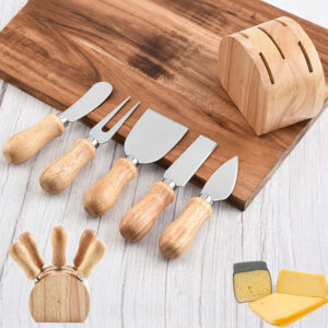 5 piece stainless steel cheese spatula set with rubber wooden knife socket