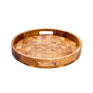 herringbone pattern round wooden serving tray