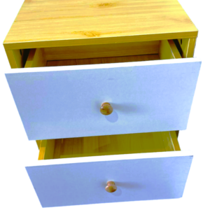 wooden bedside cabinet with two drawers and sturdy legs